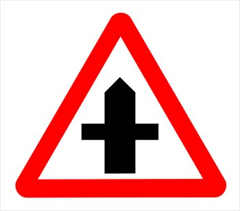 Red triangular warning sign indicating a crossroads ahead with priority to oncoming traffic.