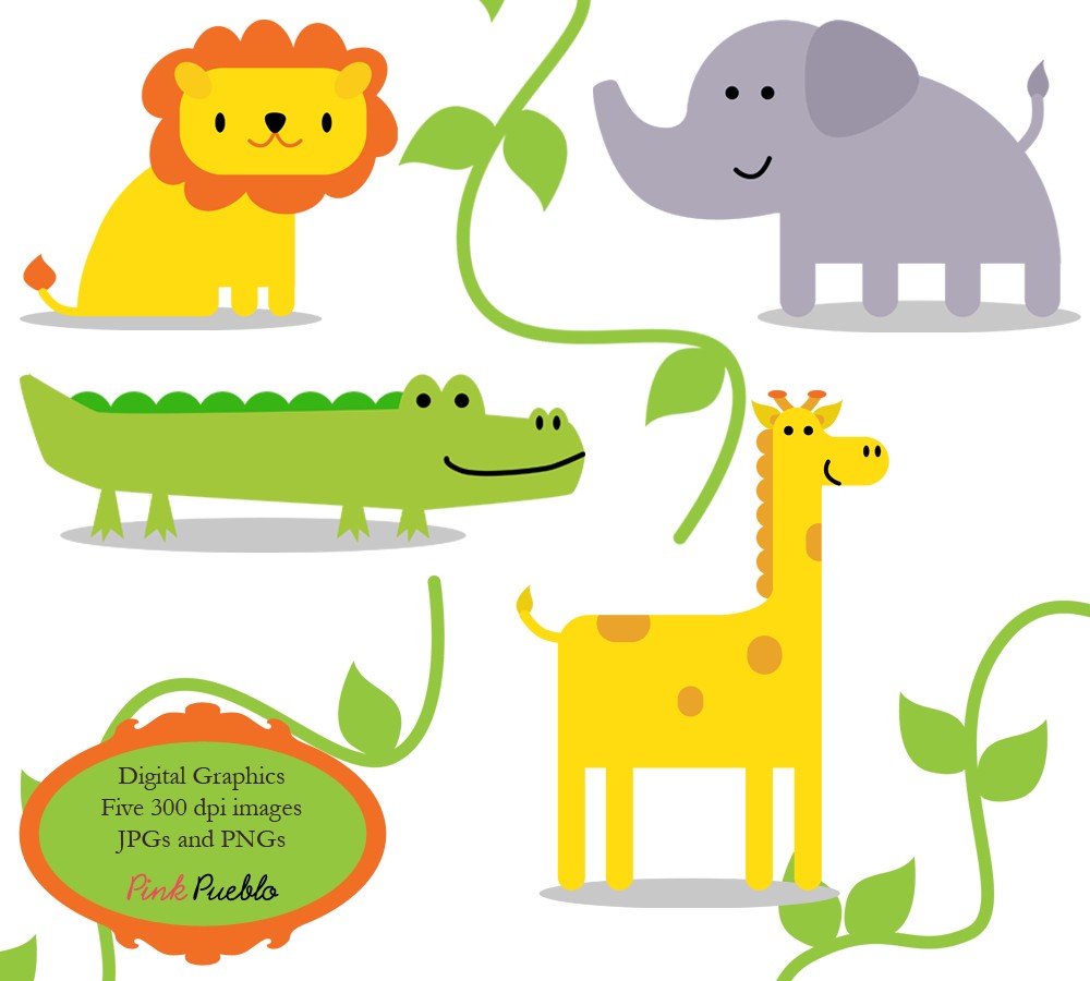 Cute cartoon lion, elephant, crocodile, and giraffe with green vines on white background.
