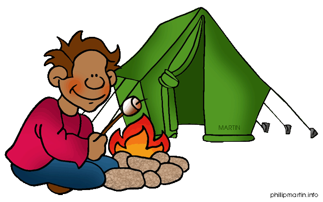 A smiling child in a red shirt roasts a marshmallow over a campfire beside a green tent.