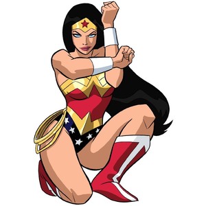 Wonder Woman in classic red, blue, and gold costume, crouching with fists raised, ready for action.