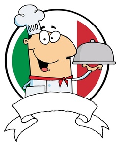 Cartoon chef holding a covered platter, smiling in front of an Italian flag backdrop with a blank banner below.