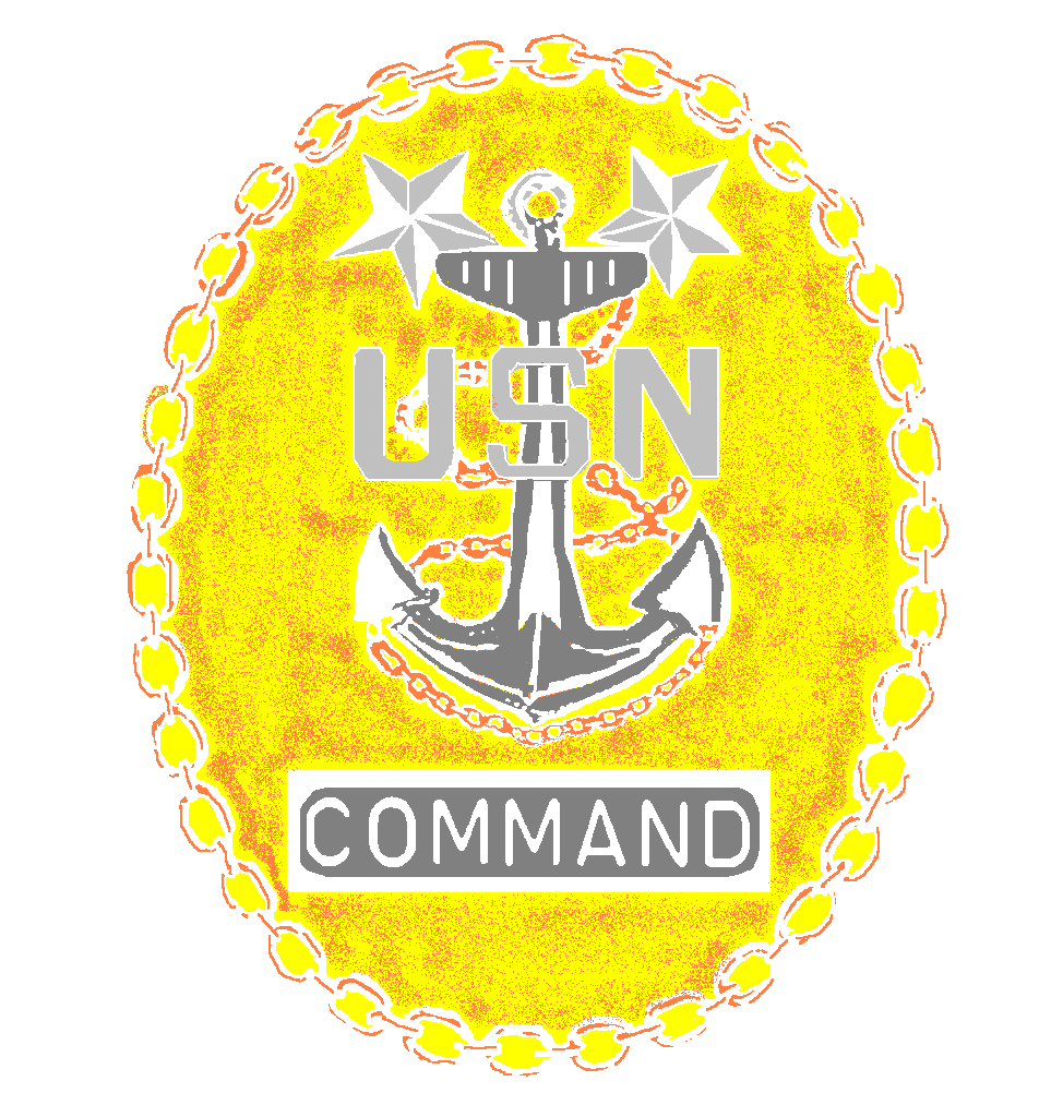 US Navy Command insignia featuring an anchor, chain, two stars, and "USN COMMAND" text on a yellow oval background.