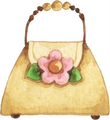Watercolor illustration of a beige handbag with a pink flower and green leaves, featuring a beaded handle and brown feet.