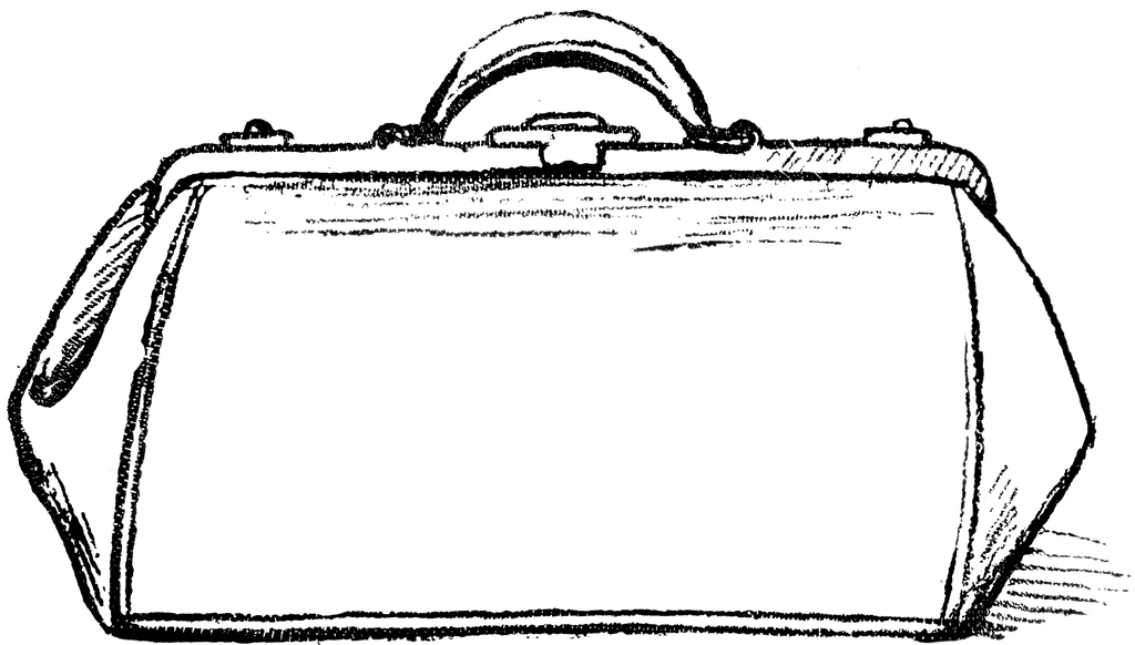 Hand-drawn sketch of a classic leather doctor’s bag with top handle and side straps.