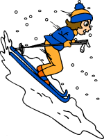 A cartoon skier in blue jacket and orange pants carving down a snowy slope with snowflakes falling.