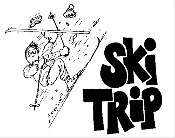 Cartoon skier tumbling down a slope with gear flying, beside bold "Ski Trip" text.