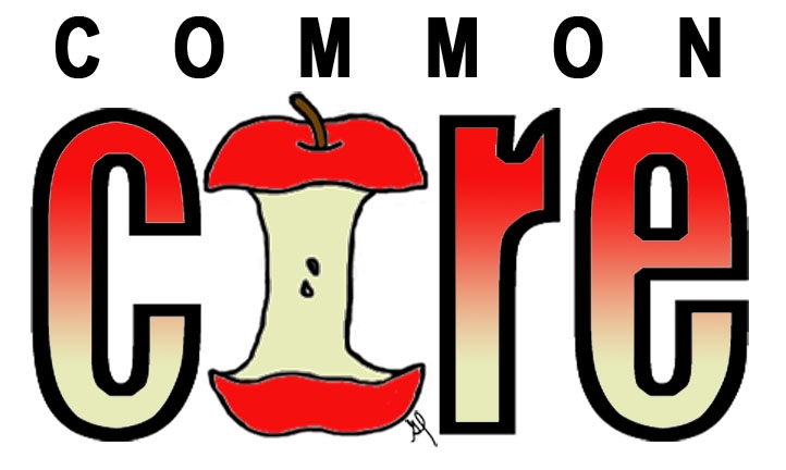 "Common Core logo featuring a bitten red apple forming the letter 'C' in 'Core', with gradient text and bold typography."