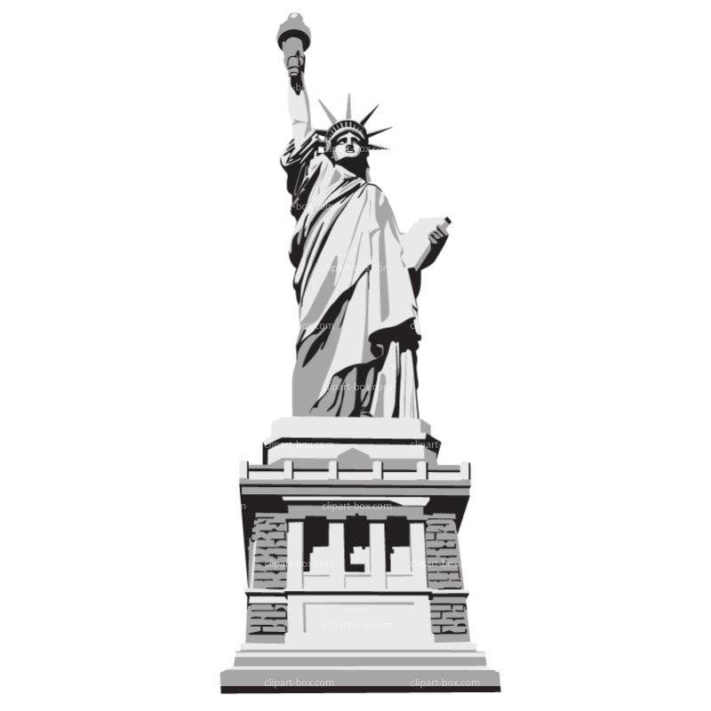 Statue of Liberty vector illustration in grayscale, holding torch and tablet, standing on pedestal.
