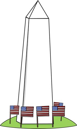 Washington Monument illustration with American flags on green grass base