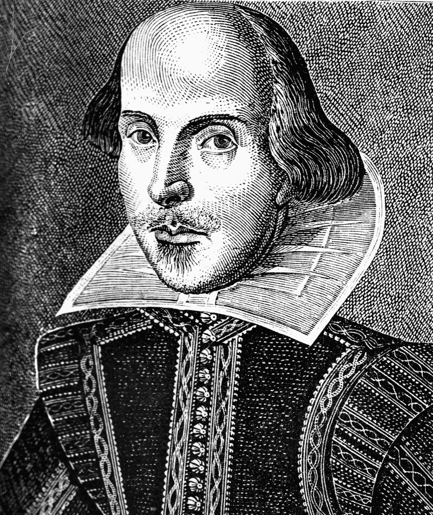 Engraved portrait of William Shakespeare with ruffled collar and Elizabethan attire, facing slightly right.