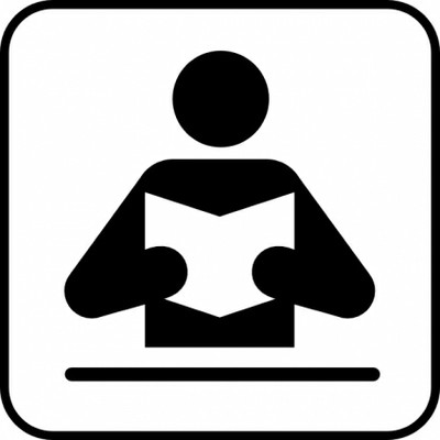Icon of a person reading a book at a table, symbolizing study or learning.