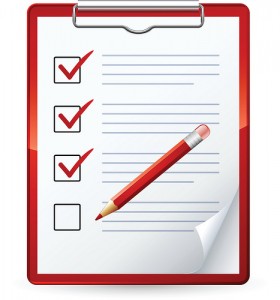 Red clipboard with checklist, three checked boxes, one empty, and a red pencil resting on lined paper.