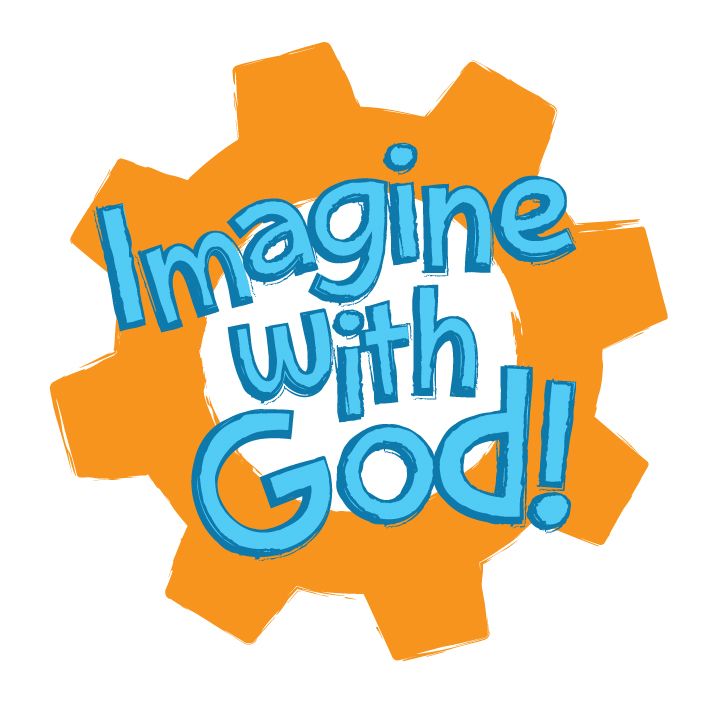 Orange gear-shaped logo with blue text reading "Imagine with God!" on white background.