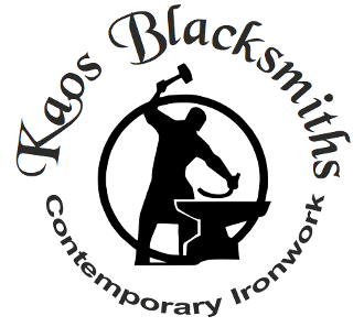 Kaos Blacksmiths logo featuring a blacksmith forging iron with hammer and anvil, encircled by text "Kaos Blacksmiths Contemporary Ironwork".