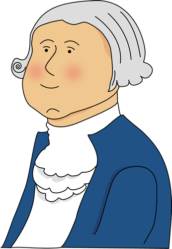 Cartoon illustration of George Washington in colonial attire with white powdered wig and blue coat.