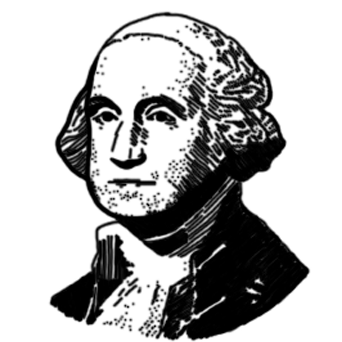 Black-and-white line-art portrait of George Washington in profile, wearing 18th-century attire and powdered wig.