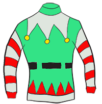 Festive green elf-themed jockey silks with red-and-white striped sleeves, gold buttons, and triangular trim.