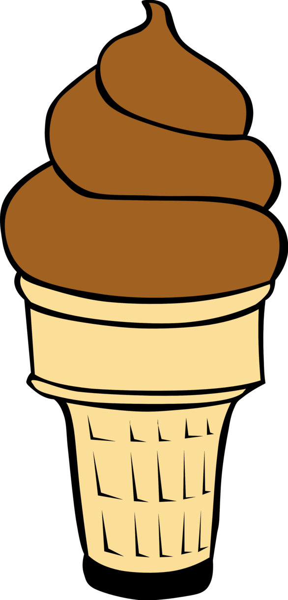 Chocolate soft-serve ice cream in a classic waffle cone, illustrated in bold cartoon style.