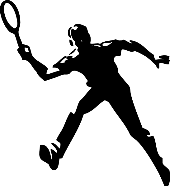Silhouette of a tennis player mid-swing, lunging forward with racket raised for a forehand shot.