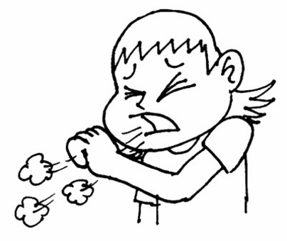 A cartoon child coughing forcefully with puffs of air or mucus expelled from their mouth.