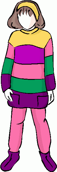 Cartoon girl wearing colorful striped sweater, pink pants, purple boots, and yellow headband.