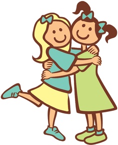 Two smiling cartoon girls in colorful dresses hugging joyfully, one lifting a leg in playful motion.