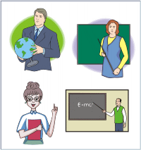 Four illustrated educators teaching science, math, and global studies in classroom settings.