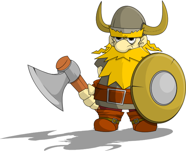 Cartoon Viking warrior with horned helmet, axe, and shield, standing ready for battle.