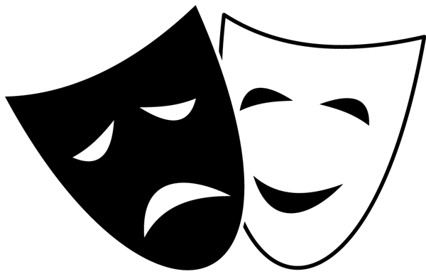 Classic black-and-white tragedy and comedy theater masks symbolizing drama and performance arts.