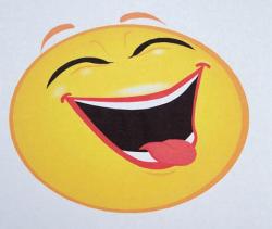 Bright yellow laughing emoji with closed eyes, wide open mouth, and tongue sticking out.