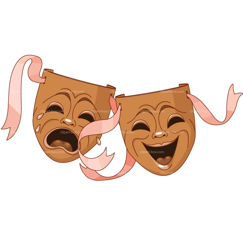 Classic theater masks representing tragedy (weeping) and comedy (laughing), connected by a pink ribbon on white background.