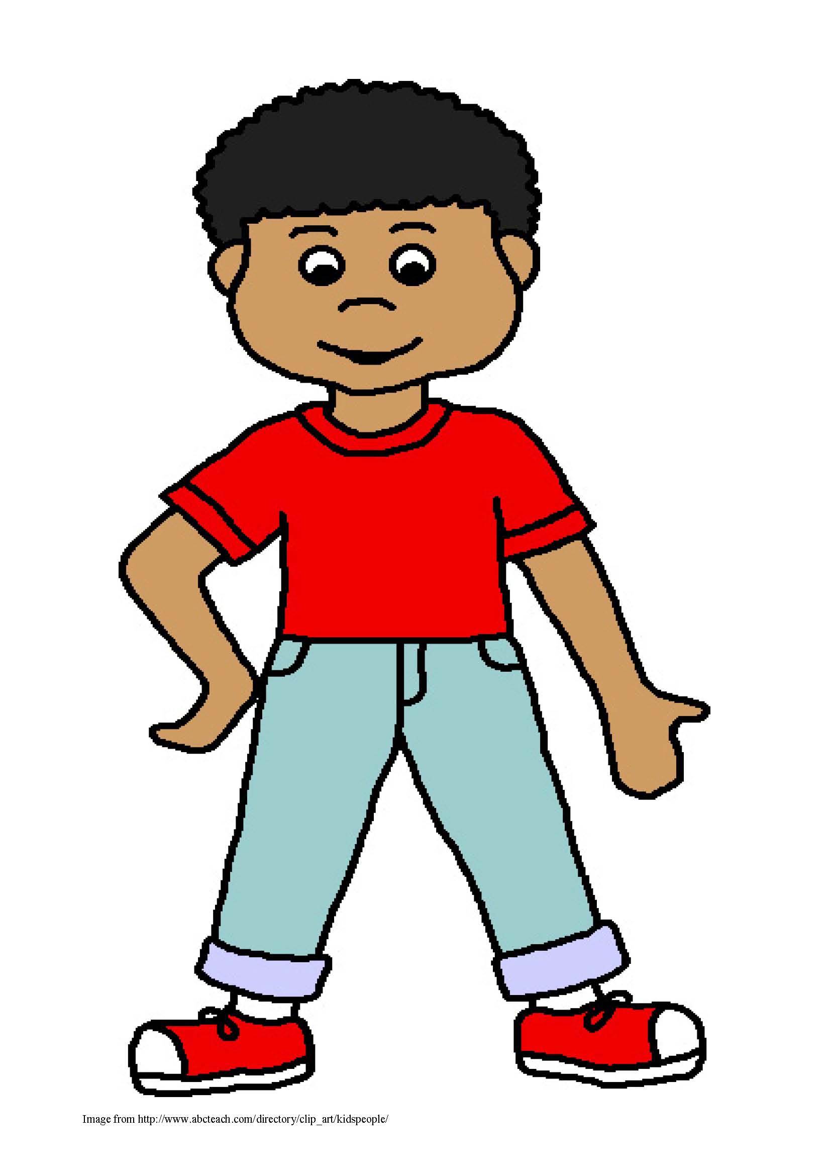 Smiling cartoon boy with curly black hair, red shirt, blue jeans, and red sneakers, hands on hips.