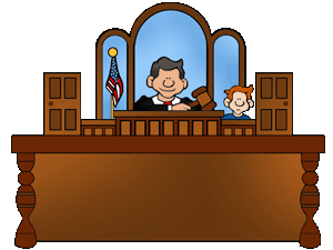 Cartoon judge presiding over courtroom with gavel, American flag, and child witness at wooden bench.