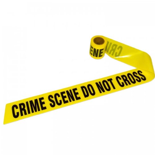 Yellow crime scene tape with bold black "CRIME SCENE DO NOT CROSS" text, unrolled against white background.
