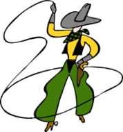 Cartoon cowboy in yellow shirt, green pants, and gray hat swinging a lasso.