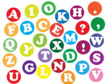 Colorful alphabet letters in circular shapes scattered on white background, including A-Z, punctuation, and symbols.