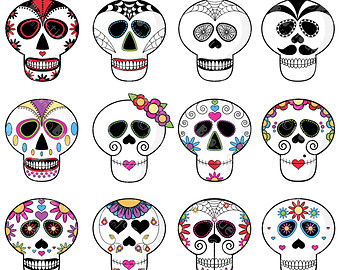 Twelve vibrant, intricately decorated sugar skulls in a grid, representing Día de los Muertos folk art.