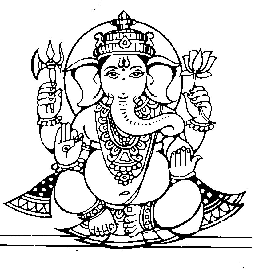 Line art illustration of Lord Ganesha seated in meditation, holding a lotus, axe, and displaying blessing mudra.