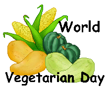 Colorful illustration of corn, squash, and zucchini with "World Vegetarian Day" text.
