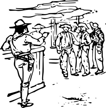 A vintage-style line drawing of a cowboy leaning on a railing, conversing with a group of men in hats near a wooden building.