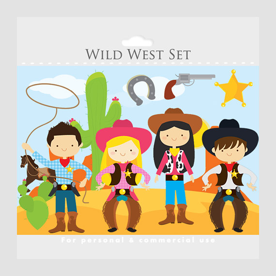 Four cartoon children in colorful Wild West costumes with cactus, lasso, horseshoe, revolver, and sheriff star.