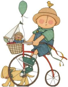 A cheerful child rides a red bicycle with a basket holding a doll, a green balloon, and a yellow dog walking beside.