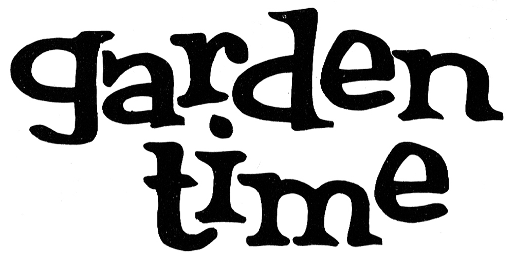 Stylish black "garden time" text logo in flowing, organic script on white background.