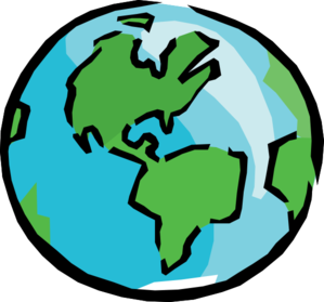 Illustrated globe showing Americas, green continents on blue oceans, simple cartoon style.