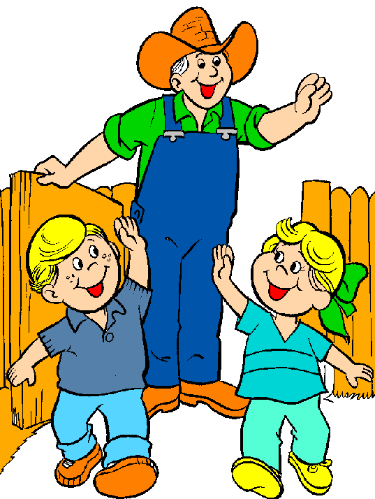 A cheerful farmer in an orange cowboy hat and blue overalls waves alongside two smiling children by a wooden fence.