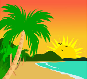 Tropical beach at sunset with palm trees, turquoise water, and flying birds.