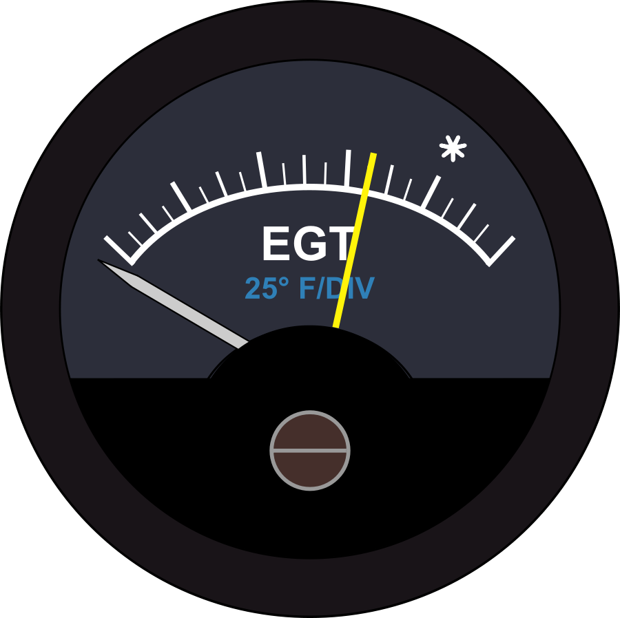 Analog EGT gauge showing 25°F per division with yellow needle near peak, star indicator visible.