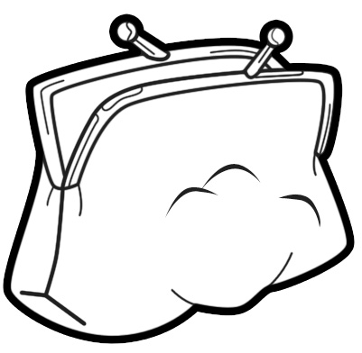 Black-and-white line drawing of a classic snap-button coin purse with a slightly open flap and visible interior folds.