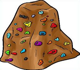 Illustrated indoor rock climbing wall with colorful handholds on a brown textured surface.
