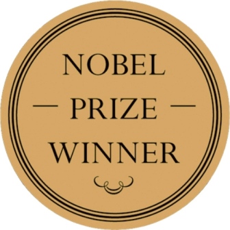 Circular gold seal reading "NOBEL PRIZE WINNER" with elegant typography and decorative flourish.